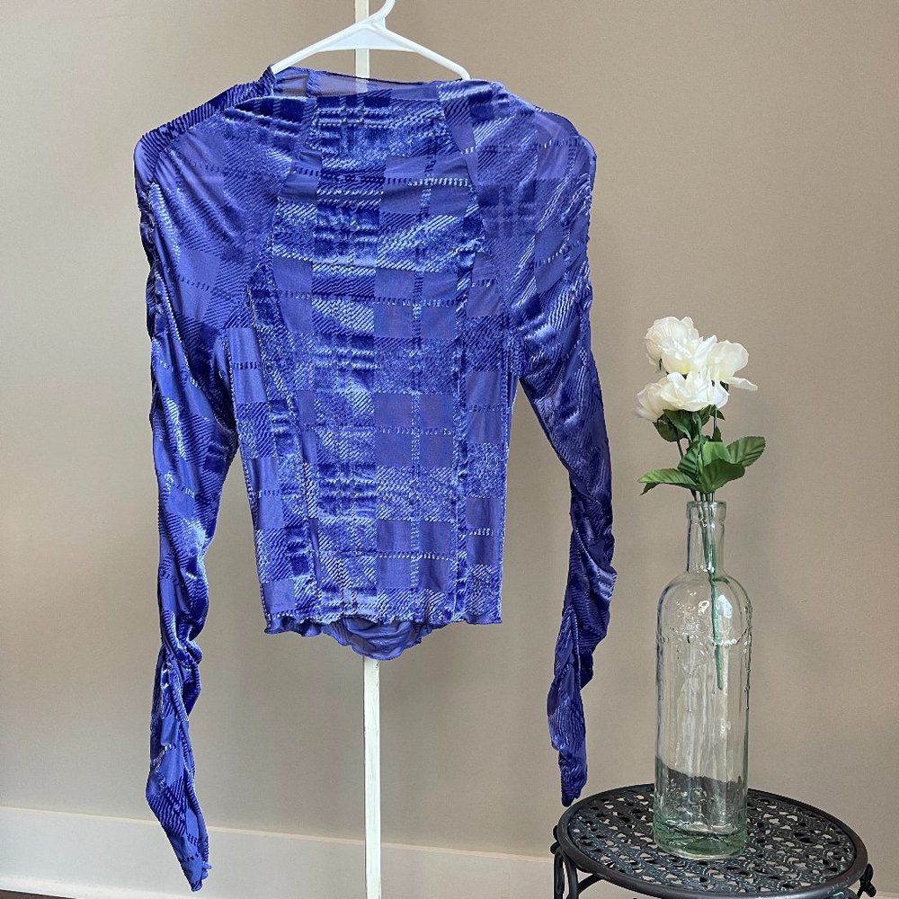 Long Sleeve Ruched Detail Mesh and Velvet Dark Violet Top